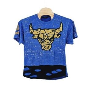 Graphic Tee Bull Print Blue T-Shirt‎ Men's Short Sleeve Geometric Style